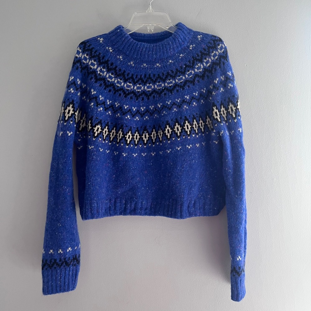 J.Crew Blue Fair Isle Merino Wool Alpaca Blend Cropped Sweater CE721 Medium